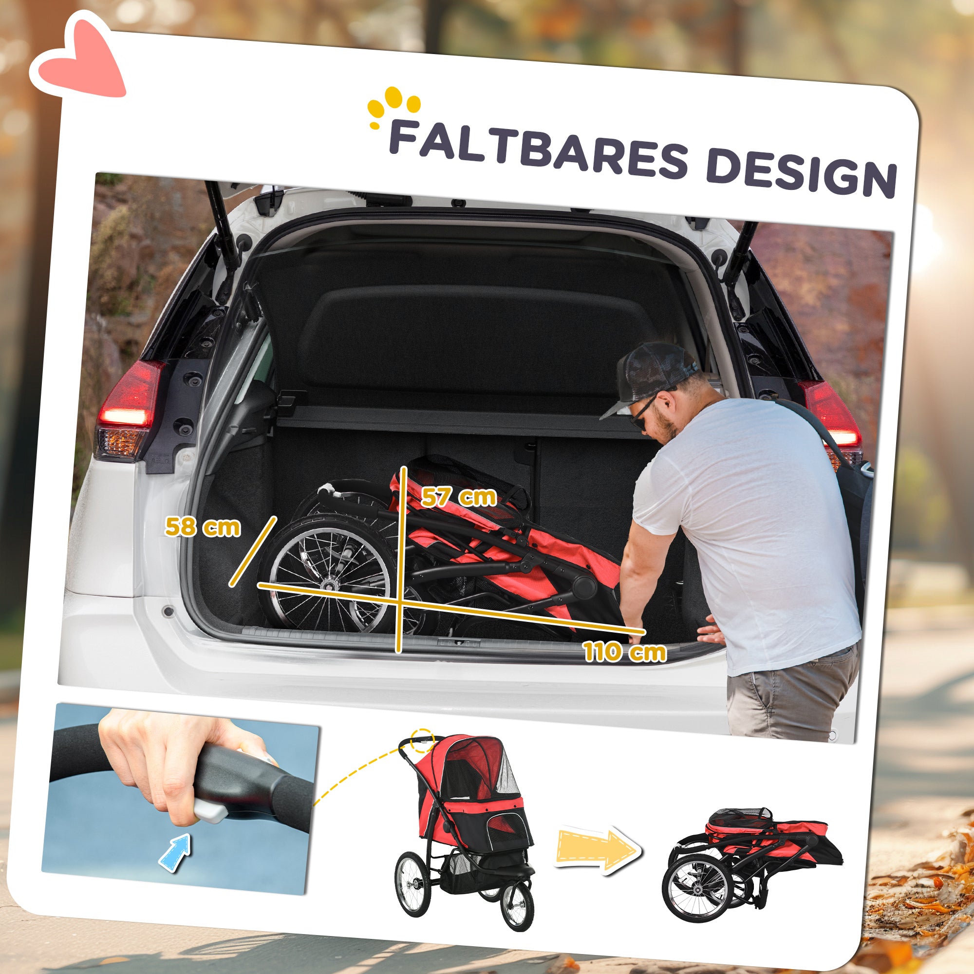 Dog Buggy Foldable Dog & Cat Stroller up to 20 kg Cat Buggy with All-Terrain Rubber Wheels Cushion Mesh Windows Doors Cat Stroller with Storage Basket Buggy Red