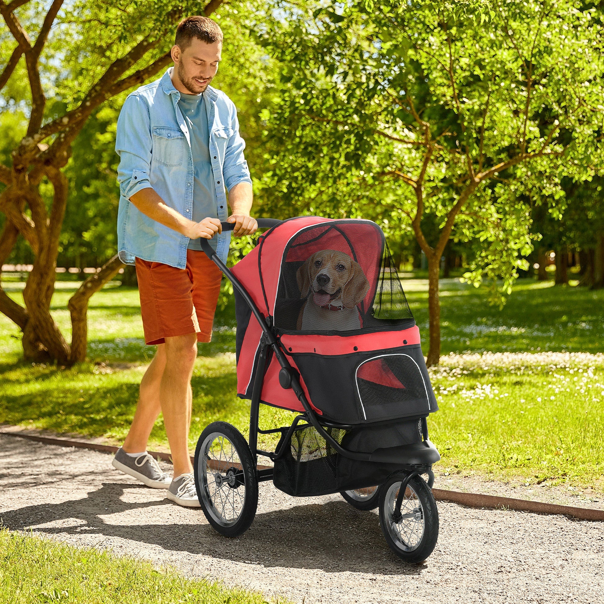 Dog Buggy Foldable Dog & Cat Stroller up to 20 kg Cat Buggy with All-Terrain Rubber Wheels Cushion Mesh Windows Doors Cat Stroller with Storage Basket Buggy Red
