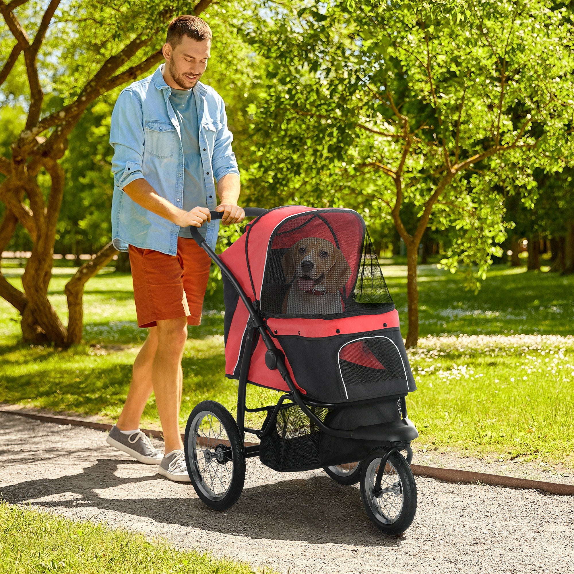 Dog Buggy Foldable Dog & Cat Stroller up to 20 kg Cat Buggy with All-Terrain Rubber Wheels Cushion Mesh Windows Doors Cat Stroller with Storage Basket Buggy Red