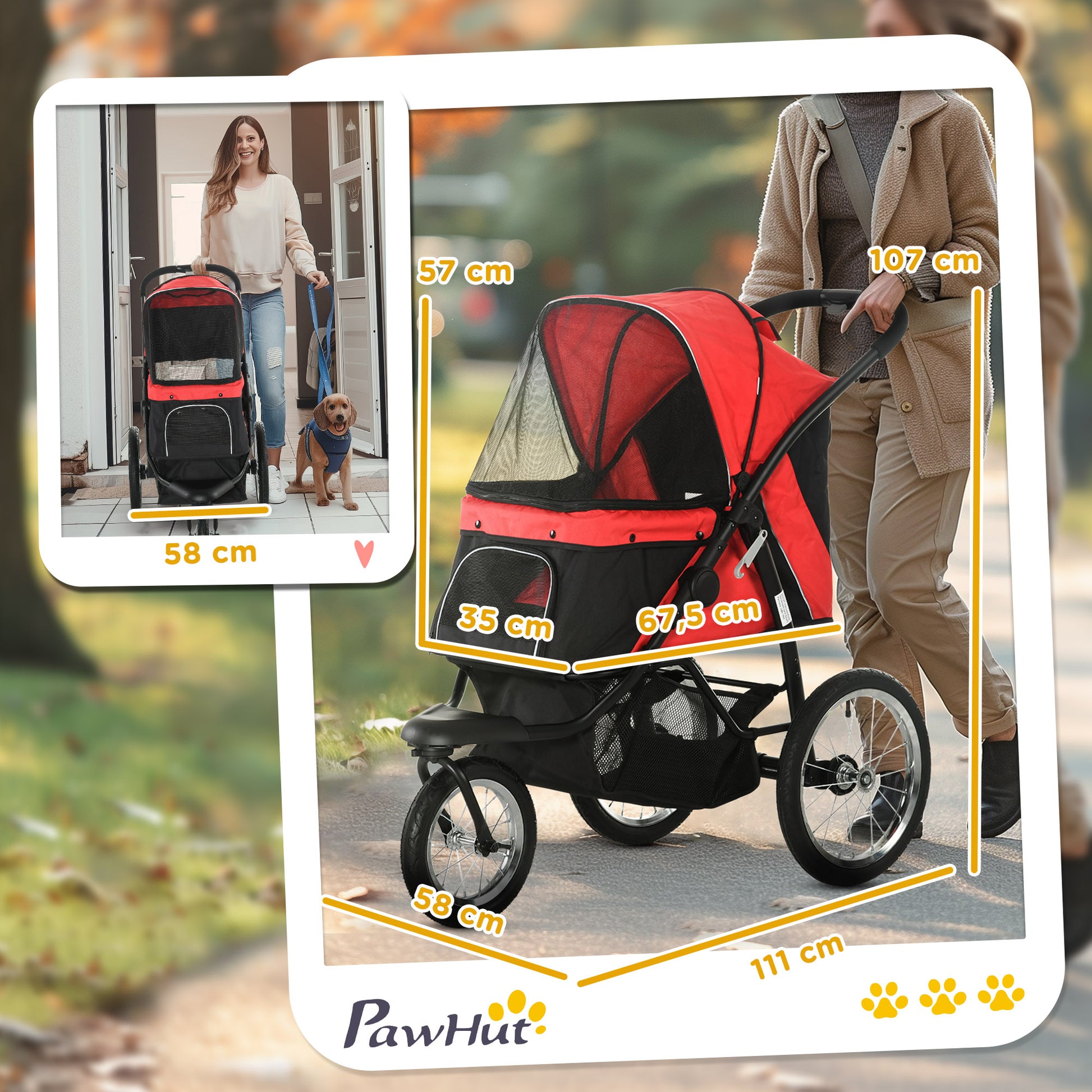 Dog Buggy Foldable Dog & Cat Stroller up to 20 kg Cat Buggy with All-Terrain Rubber Wheels Cushion Mesh Windows Doors Cat Stroller with Storage Basket Buggy Red