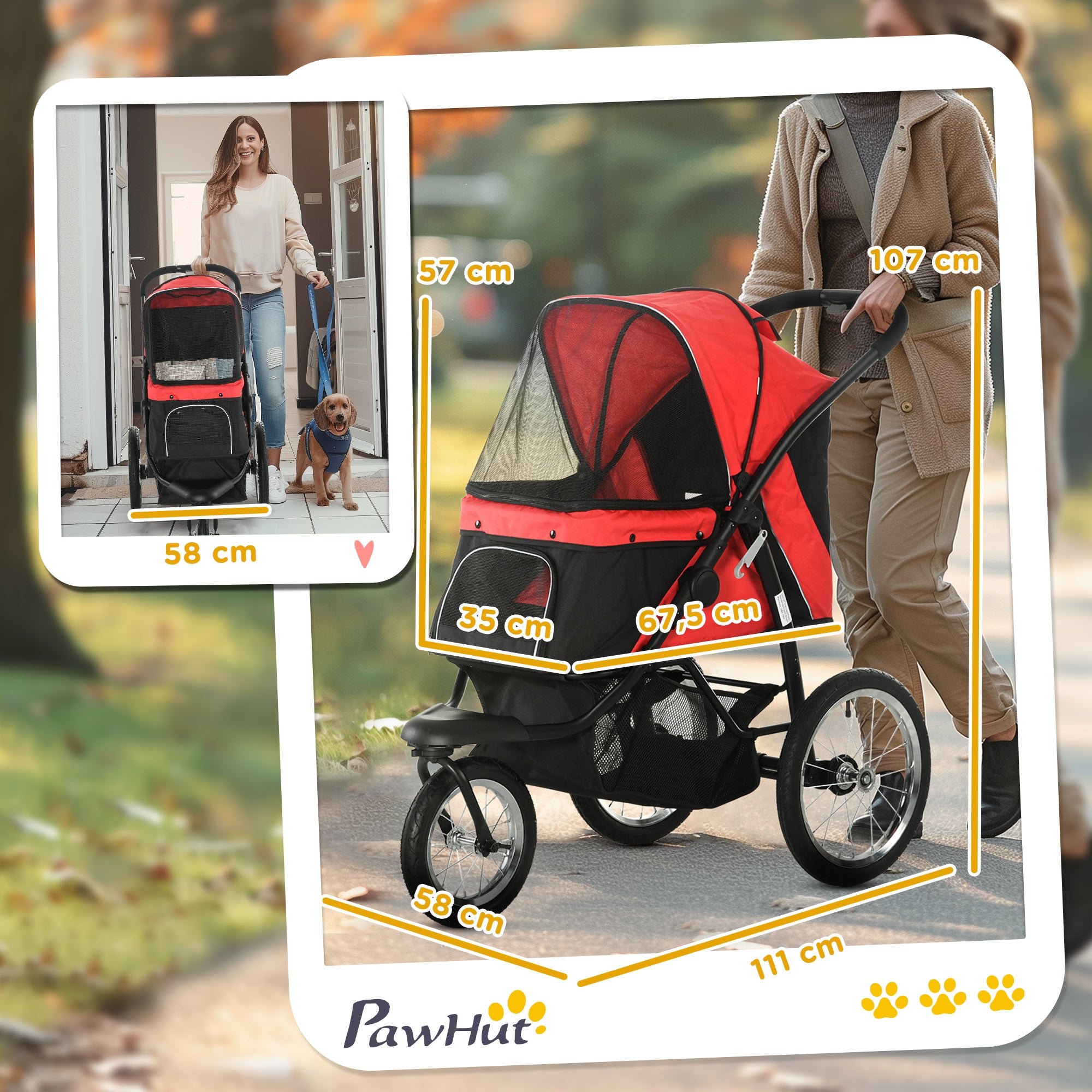 Dog Buggy Foldable Dog & Cat Stroller up to 20 kg Cat Buggy with All-Terrain Rubber Wheels Cushion Mesh Windows Doors Cat Stroller with Storage Basket Buggy Red