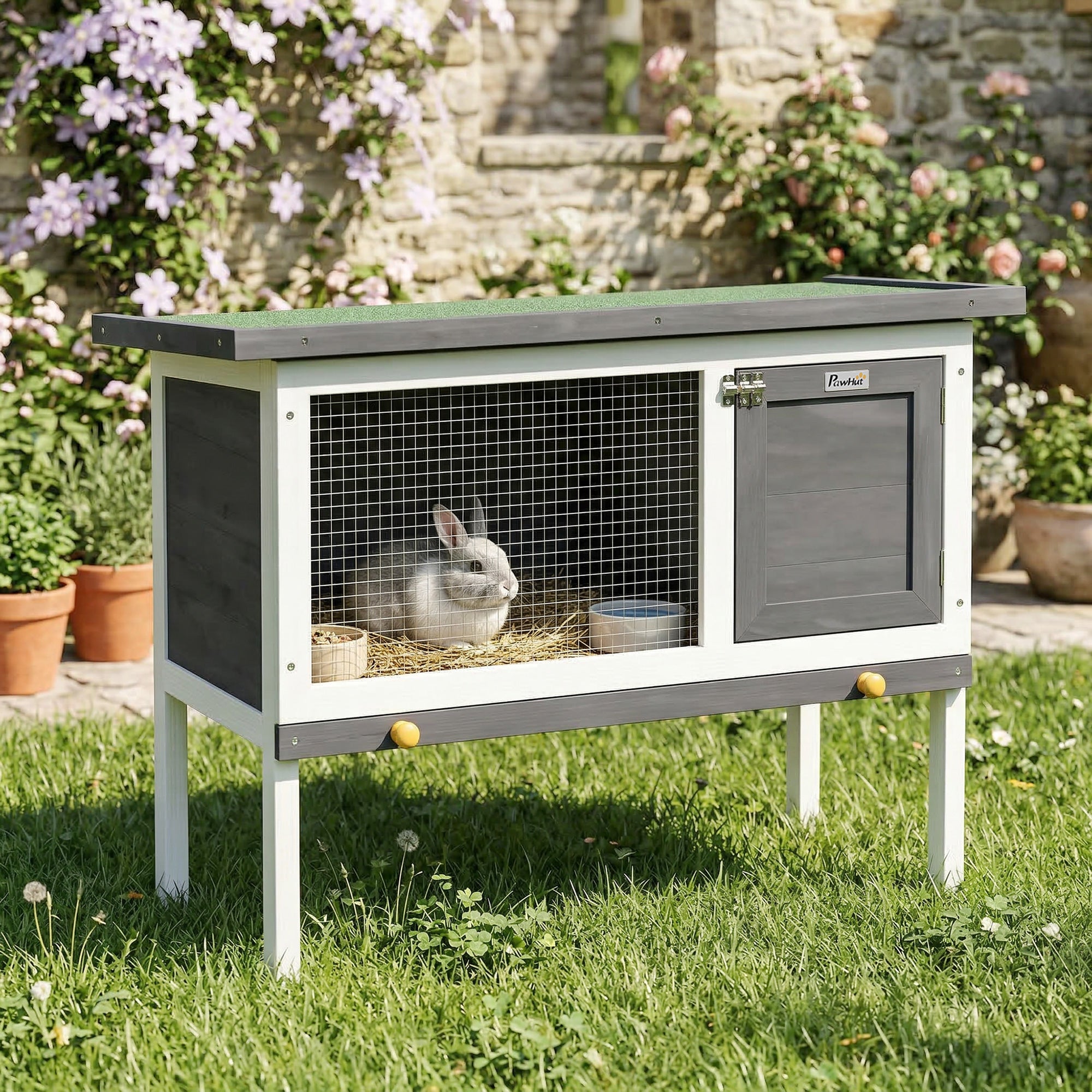 Wooden Rabbit Hutch 35.4 x 17.7 x 25.6 in, Elevated Outdoor Small Animal Cage with Hinged Bitumen Roof, Pull-Out Tray, Door & Metal Wire — Gray