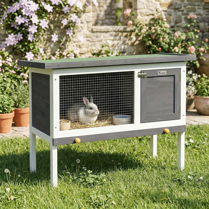Wooden Rabbit Hutch 35.4 x 17.7 x 25.6 in, Elevated Outdoor Small Animal Cage with Hinged Bitumen Roof, Pull-Out Tray, Door & Metal Wire — Gray