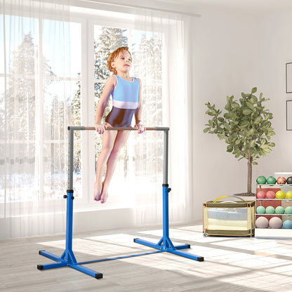 Gymnastics Horizontal Bar, 13-step height-adjustable horizontal bar, wooden horizontal bar with stable steel construction up to 75 kg load capacity, for children aged 3 and above, indoor, outdoor, blue