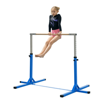 Gymnastics Horizontal Bar, 13-step height-adjustable horizontal bar, wooden horizontal bar with stable steel construction up to 75 kg load capacity, for children aged 3 and above, indoor, outdoor, blue