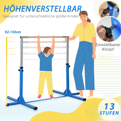 Gymnastics Horizontal Bar, 13-step height-adjustable horizontal bar, wooden horizontal bar with stable steel construction up to 75 kg load capacity, for children aged 3 and above, indoor, outdoor, blue