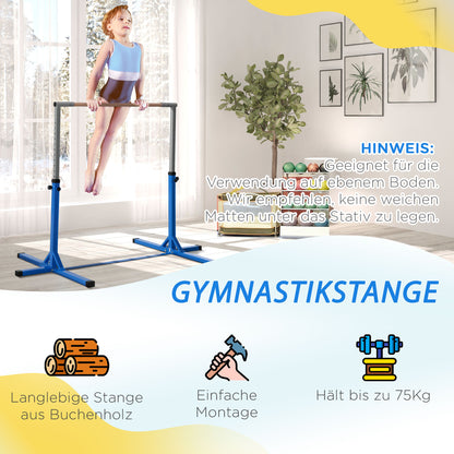 Gymnastics Horizontal Bar, 13-step height-adjustable horizontal bar, wooden horizontal bar with stable steel construction up to 75 kg load capacity, for children aged 3 and above, indoor, outdoor, blue