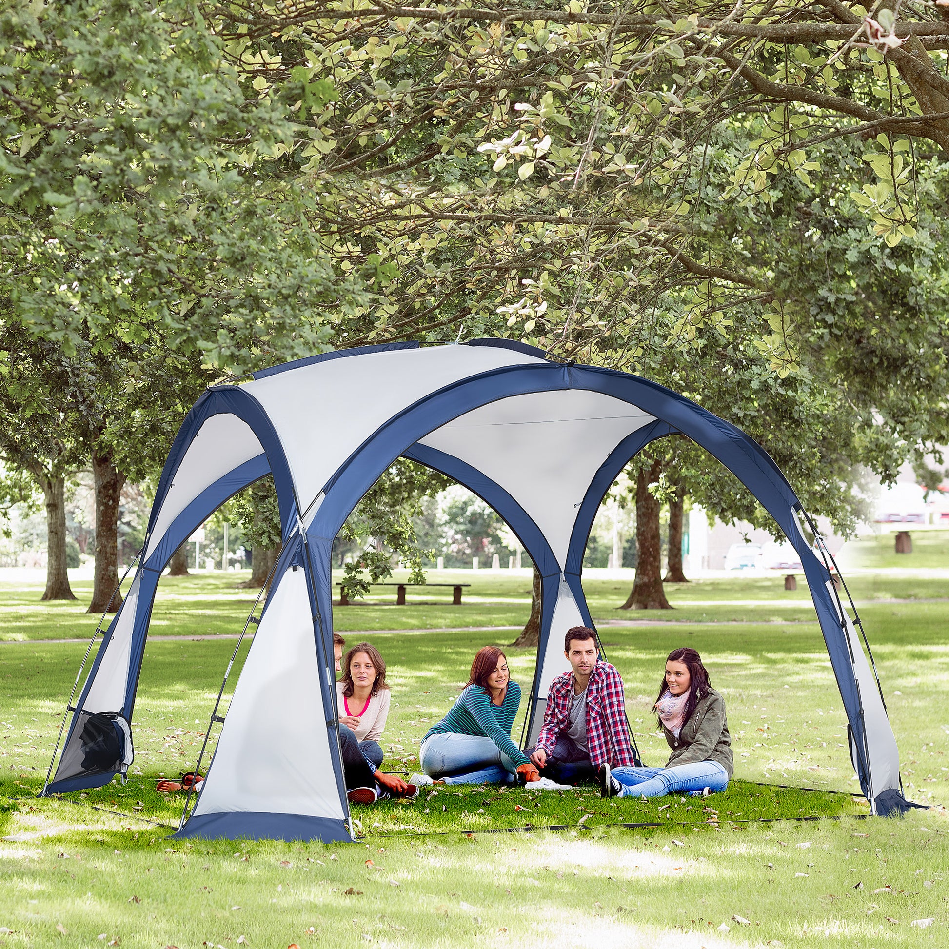 Family Dome Camping Tent for 6-8 People with 4 Zippered Mesh Doors, Removable Oxford Cloth, Hook for Lamp, Carrying Bag 350L x 350W x 230H cm - white and blue