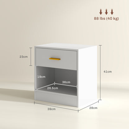 Set of 2 Modern Bedside Tables with Drawer and Open Shelf, Particle Board Bedside Tables, 39x28x41 cm, White