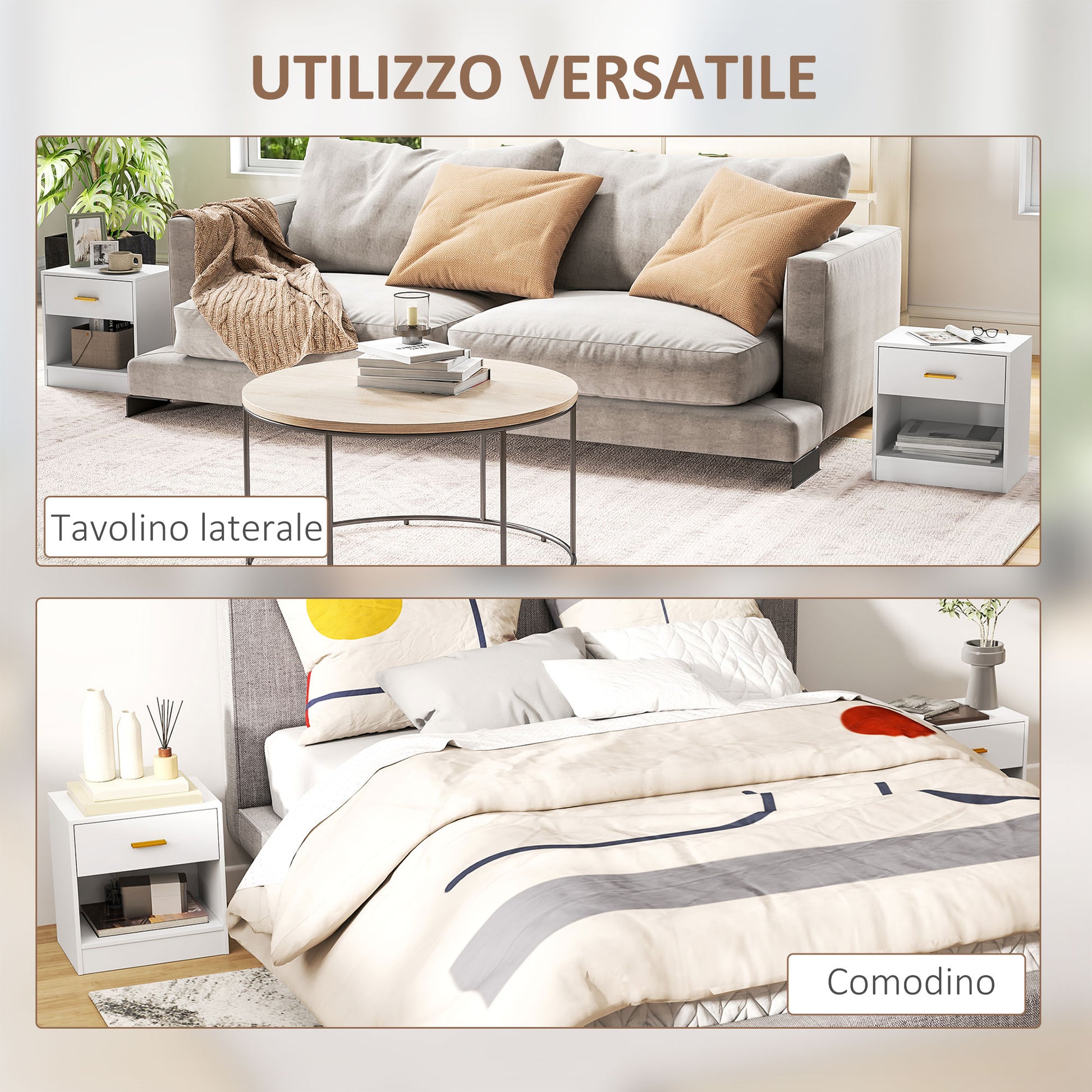 Set of 2 Modern Bedside Tables with Drawer and Open Shelf, Particle Board Bedside Tables, 39x28x41 cm, White