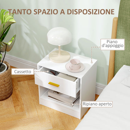 Set of 2 Modern Bedside Tables with Drawer and Open Shelf, Particle Board Bedside Tables, 39x28x41 cm, White