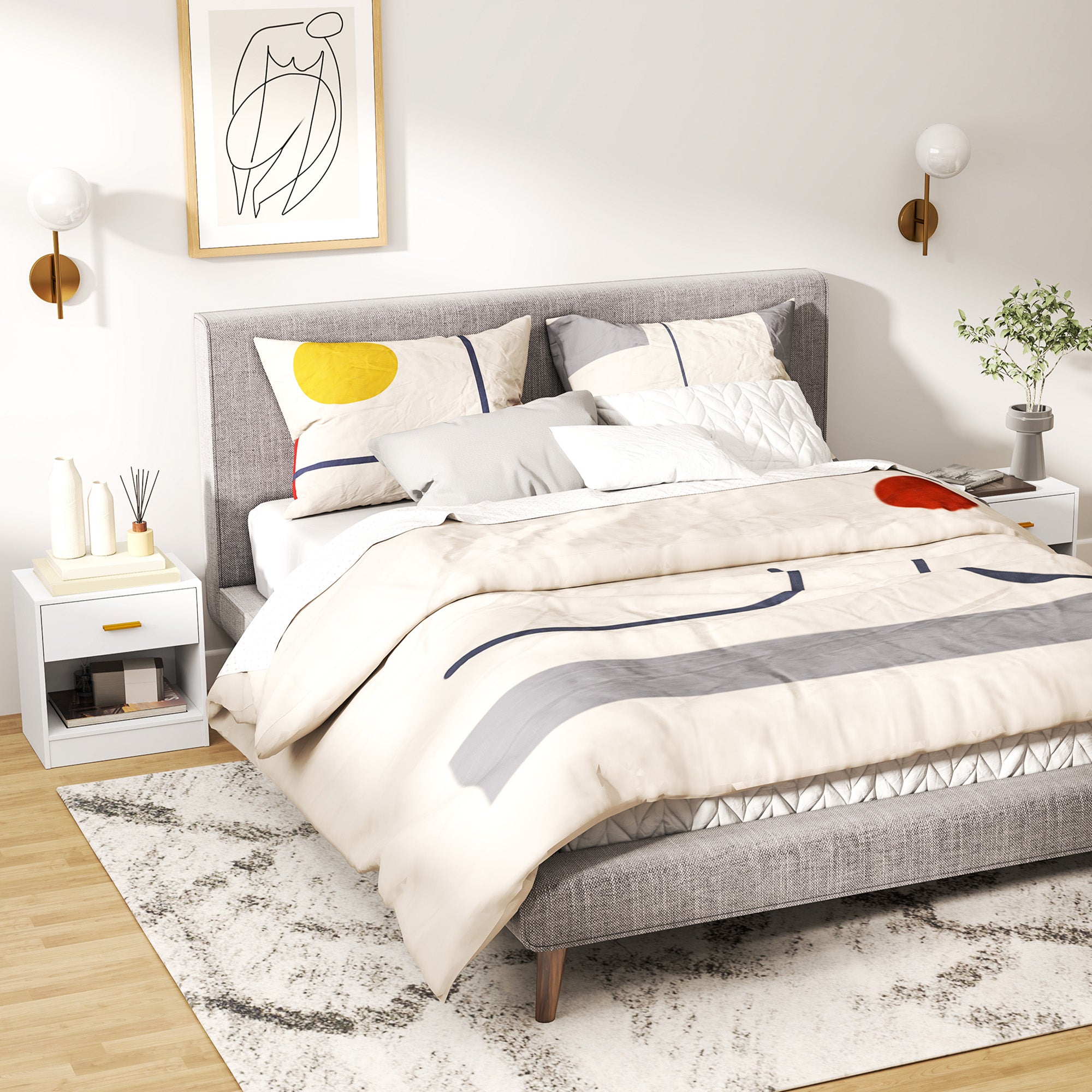 Set of 2 Modern Bedside Tables with Drawer and Open Shelf, Particle Board Bedside Tables, 39x28x41 cm, White