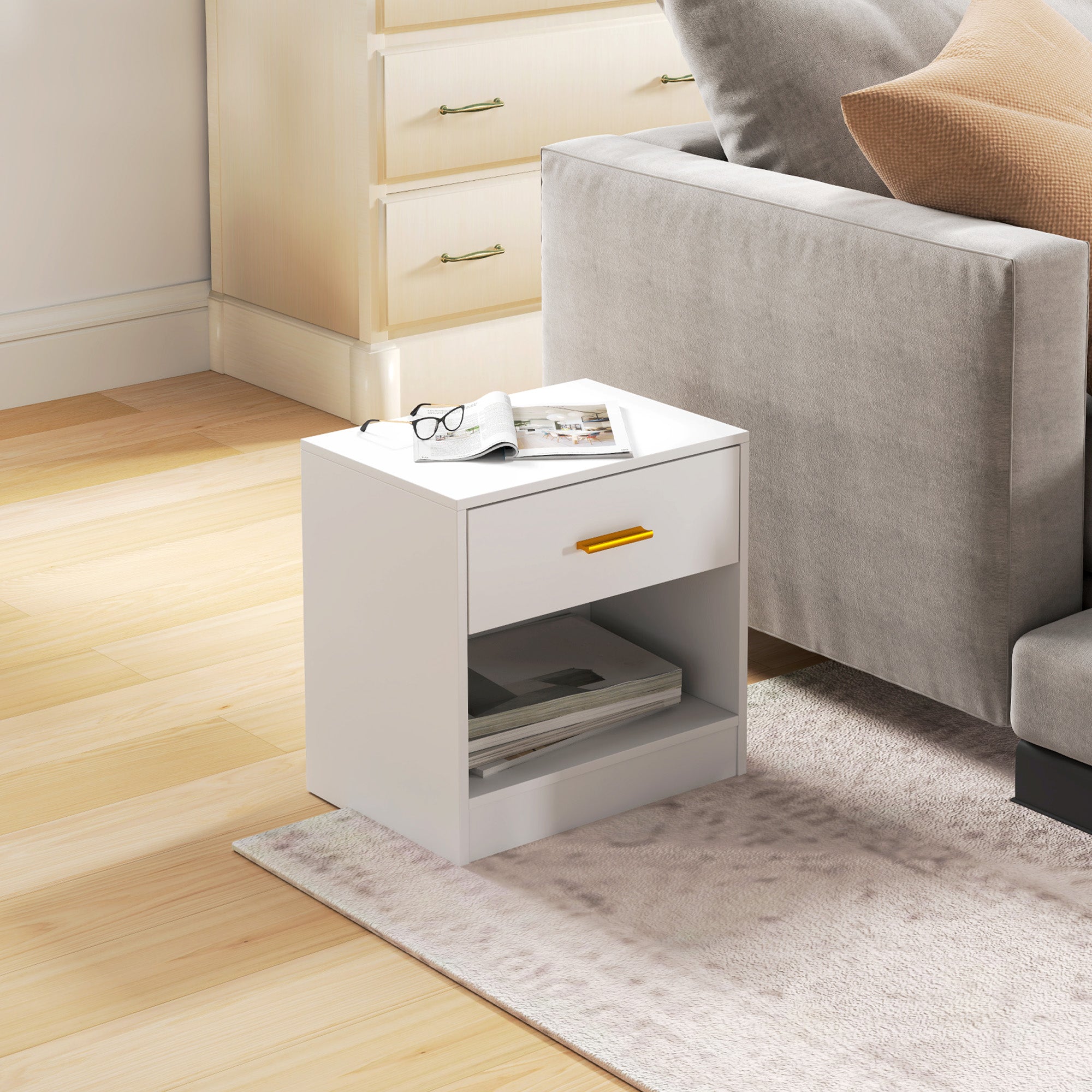 Set of 2 Modern Bedside Tables with Drawer and Open Shelf, Particle Board Bedside Tables, 39x28x41 cm, White