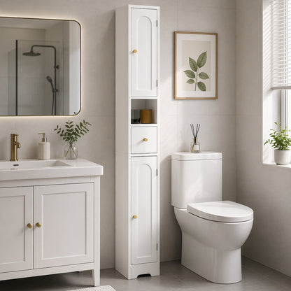 Slim Tall Bathroom Cabinet with Drawer, Arched Doors & Open Shelf, Adjustable Shelves — 7.9 in W x 7.9 in D x 72.8 in H (20 x 20 x 185 cm), White