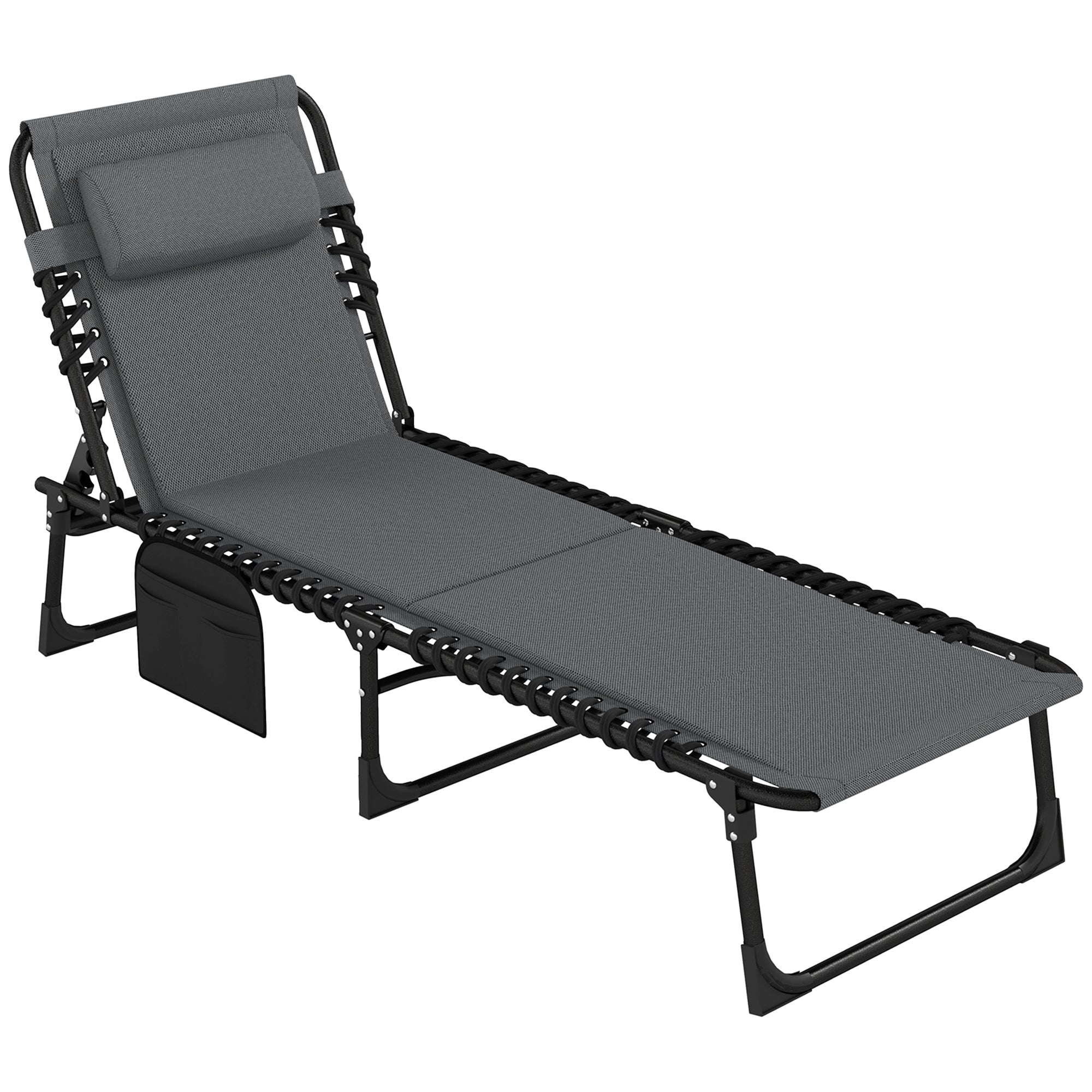Foldable Sun Lounger Garden Lounger with Headrest Side Pocket, Padded Sun Lounger with 5-Position Adjustable Backrest, Weatherproof Camping Lounger up to 120 kg Load, for Garden Beach Dark Gray