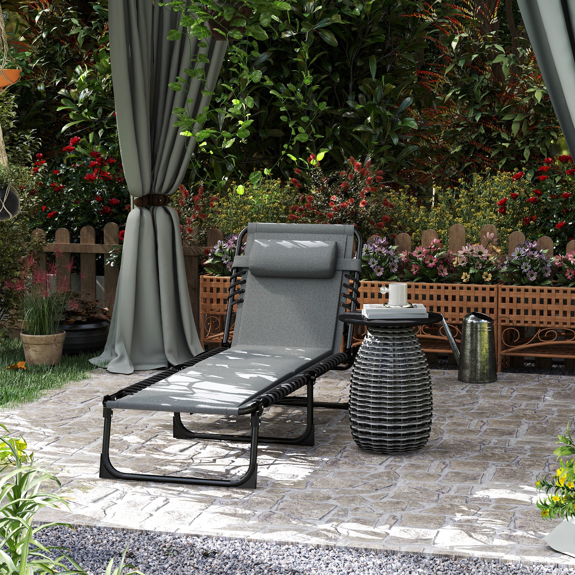 Foldable Sun Lounger Garden Lounger with Headrest Side Pocket, Padded Sun Lounger with 5-Position Adjustable Backrest, Weatherproof Camping Lounger up to 120 kg Load, for Garden Beach Dark Gray