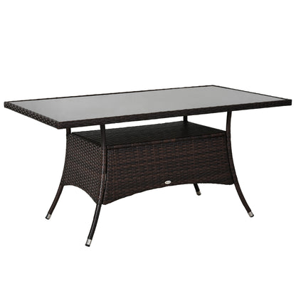 Garden Table Glass Dining Table Patio Furniture, Rattan+Safety Glass, Brown+Black, 150x85x74cm