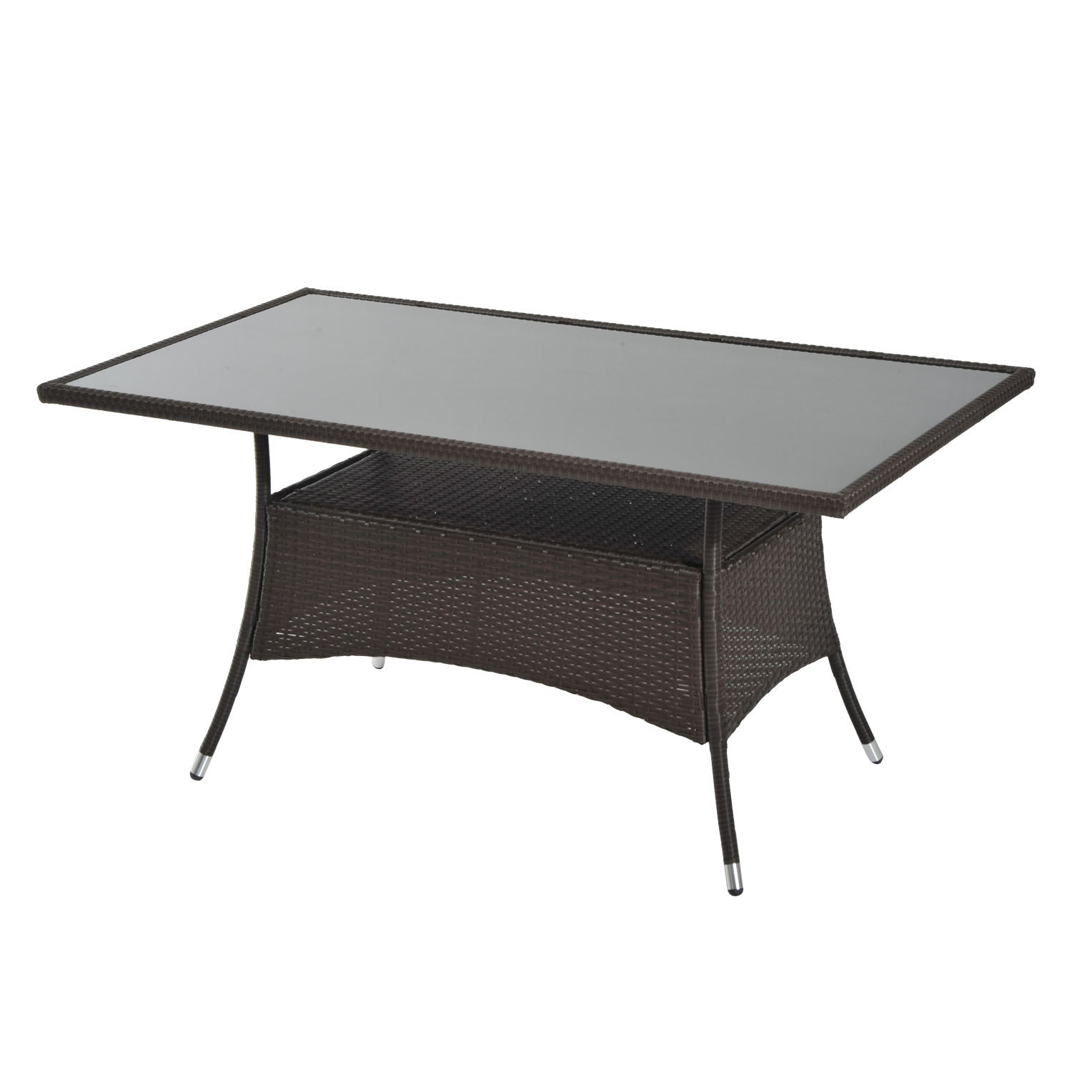 Garden Table Glass Dining Table Patio Furniture, Rattan+Safety Glass, Brown+Black, 150x85x74cm