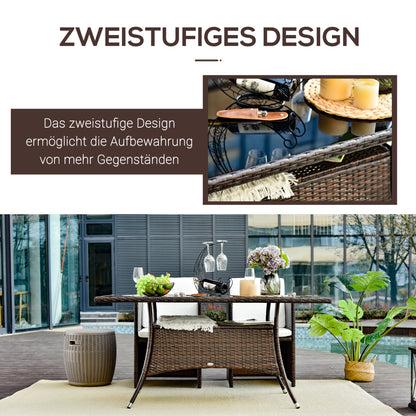 Garden Table Glass Dining Table Patio Furniture, Rattan+Safety Glass, Brown+Black, 150x85x74cm