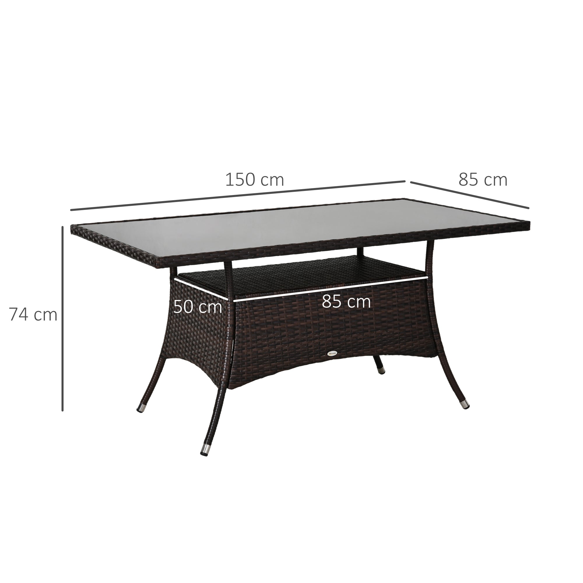 Garden Table Glass Dining Table Patio Furniture, Rattan+Safety Glass, Brown+Black, 150x85x74cm