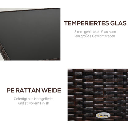 Garden Table Glass Dining Table Patio Furniture, Rattan+Safety Glass, Brown+Black, 150x85x74cm