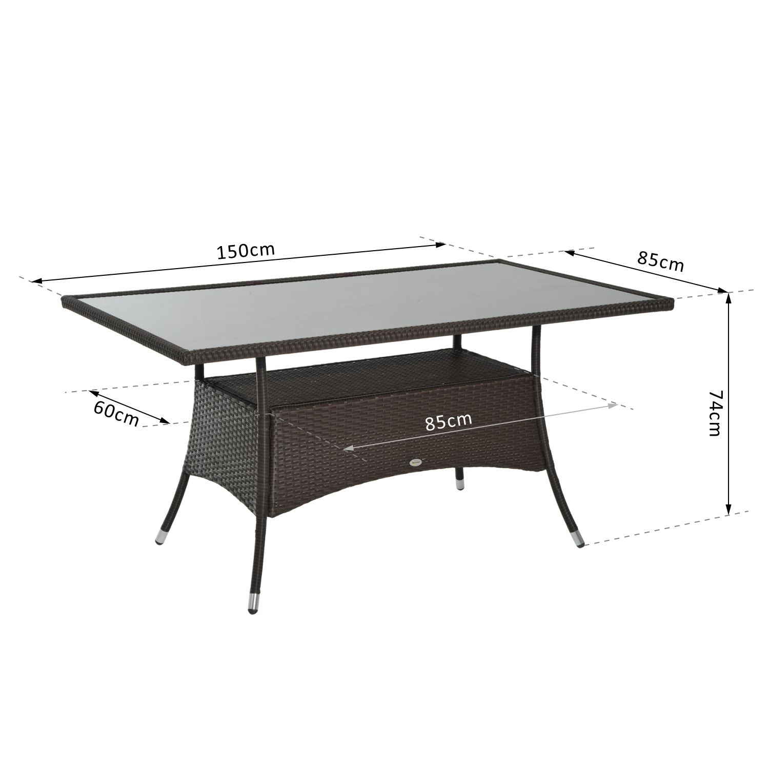 Garden Table Glass Dining Table Patio Furniture, Rattan+Safety Glass, Brown+Black, 150x85x74cm