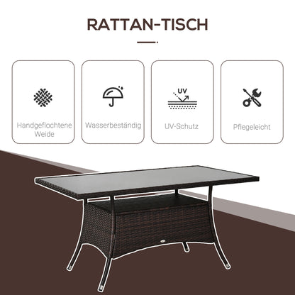 Garden Table Glass Dining Table Patio Furniture, Rattan+Safety Glass, Brown+Black, 150x85x74cm