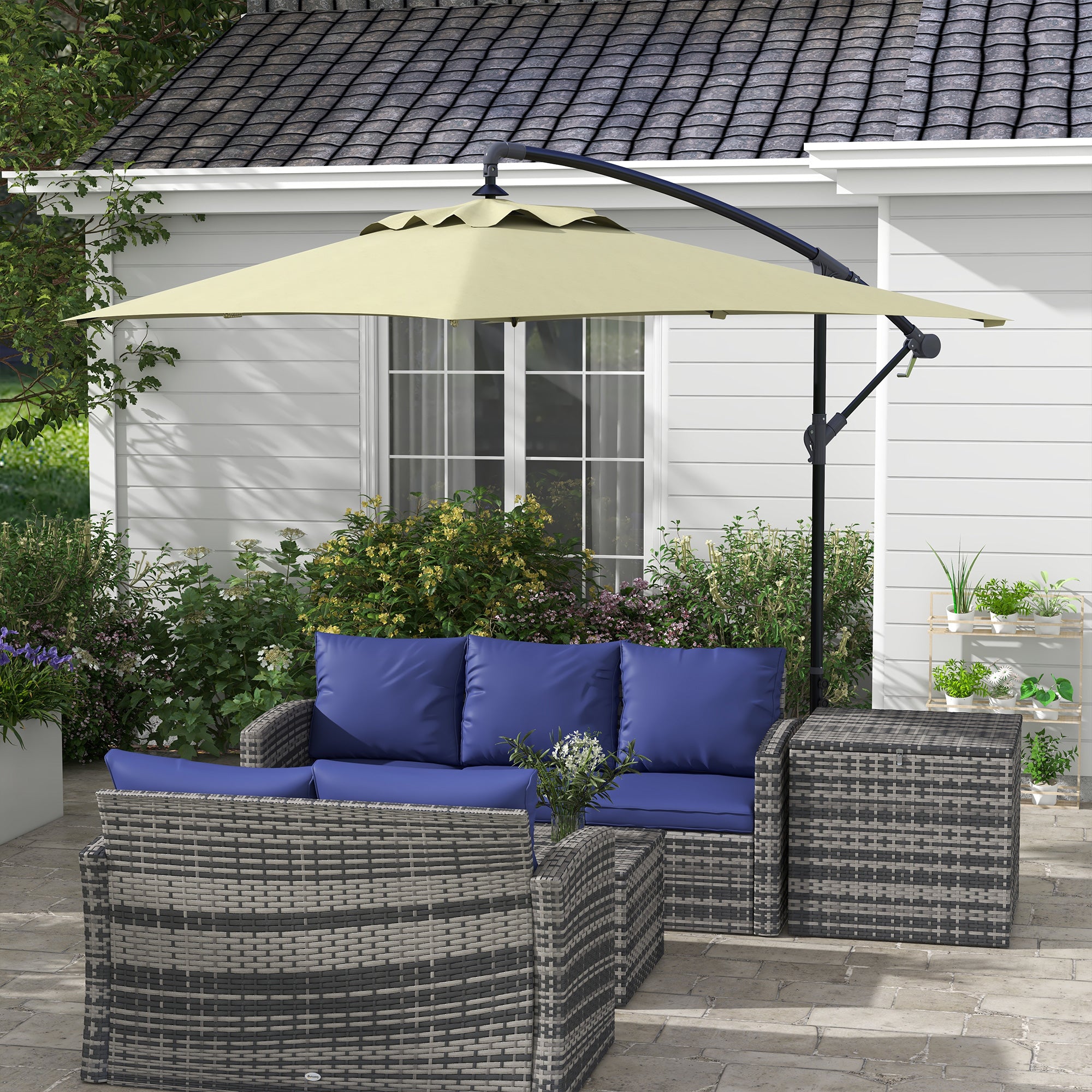 Eccentric Parasol 294x193 cm Garden Umbrella with Cross Base and Crank Waterproof UV Protection Umbrella for Terrace Patio Beige