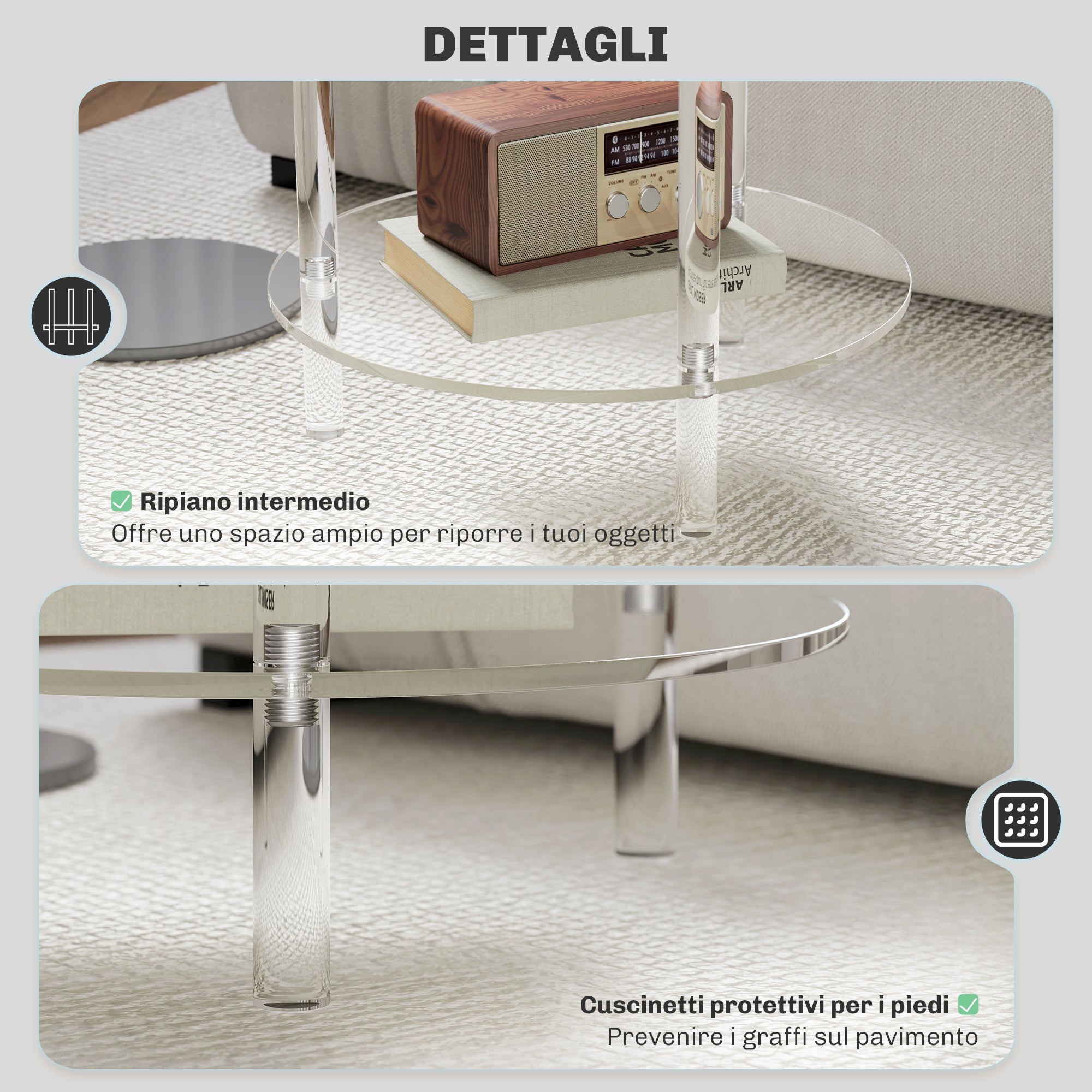 Round Low Coffee Table with 2 Levels for Interiors, Acrylic Sofa Table, Ø40x50 cm, Transparent