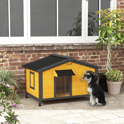 Outdoor Dog House for Small Dogs with Flip-Top Asphalt Roof, 2 Windows, Door with Curtain, and Removable Base 97x72x65 cm Natural Wood