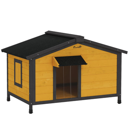 Outdoor Dog House for Small Dogs with Flip-Top Asphalt Roof, 2 Windows, Door with Curtain, and Removable Base 97x72x65 cm Natural Wood