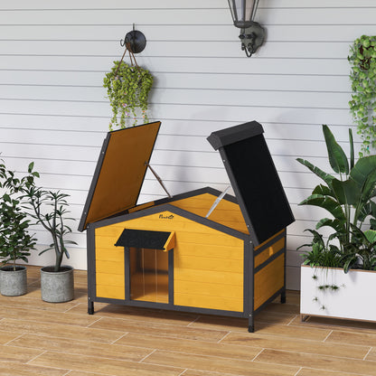 Outdoor Dog House for Small Dogs with Flip-Top Asphalt Roof, 2 Windows, Door with Curtain, and Removable Base 97x72x65 cm Natural Wood