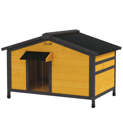Outdoor Dog House for Small Dogs with Flip-Top Asphalt Roof, 2 Windows, Door with Curtain, and Removable Base 97x72x65 cm Natural Wood