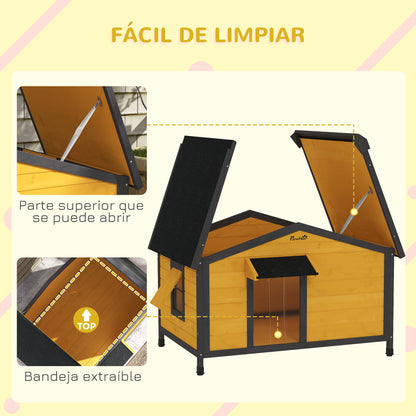 Outdoor Dog House for Small Dogs with Flip-Top Asphalt Roof, 2 Windows, Door with Curtain, and Removable Base 97x72x65 cm Natural Wood