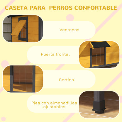Outdoor Dog House for Small Dogs with Flip-Top Asphalt Roof, 2 Windows, Door with Curtain, and Removable Base 97x72x65 cm Natural Wood