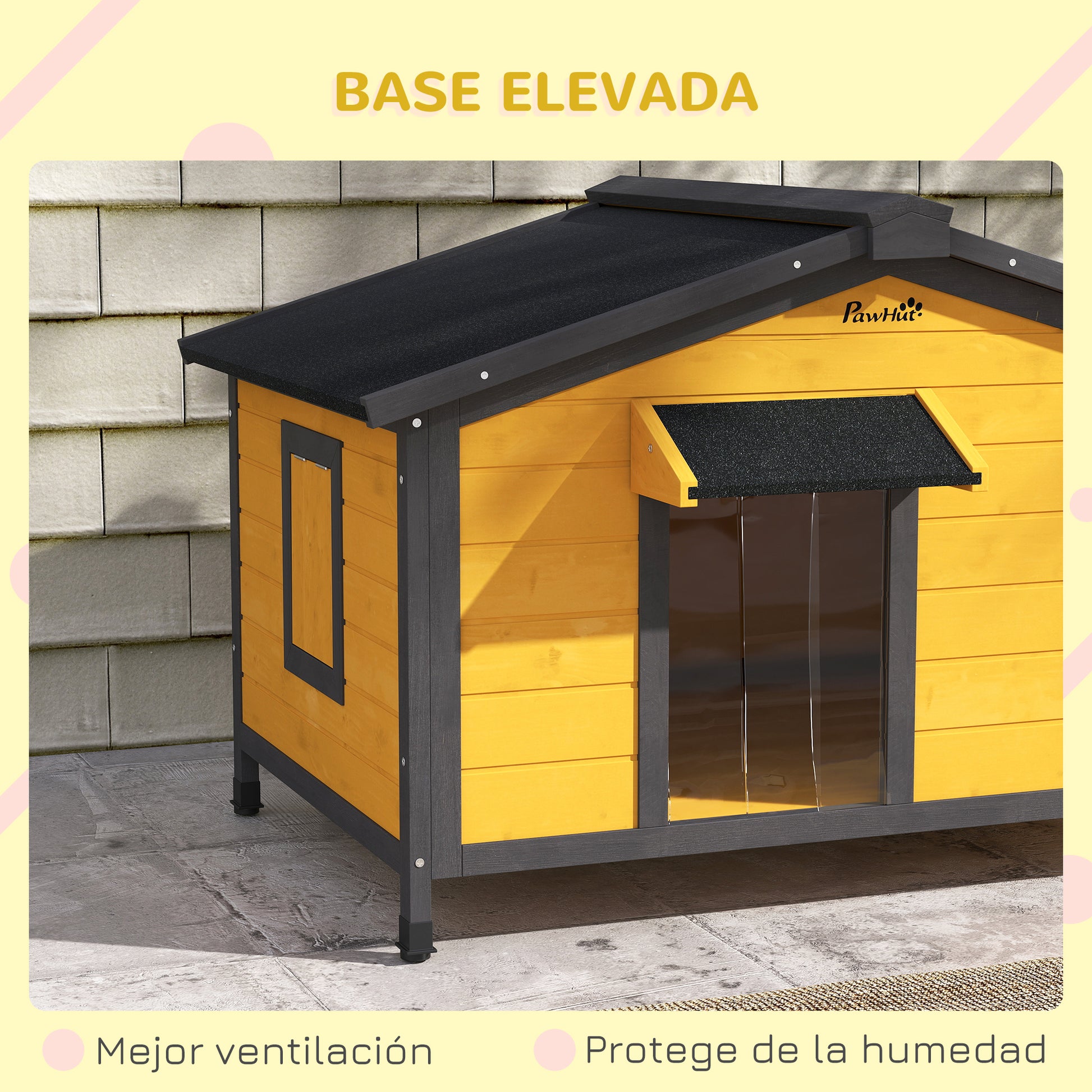 Outdoor Dog House for Small Dogs with Flip-Top Asphalt Roof, 2 Windows, Door with Curtain, and Removable Base 97x72x65 cm Natural Wood