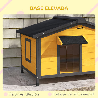 Outdoor Dog House for Small Dogs with Flip-Top Asphalt Roof, 2 Windows, Door with Curtain, and Removable Base 97x72x65 cm Natural Wood