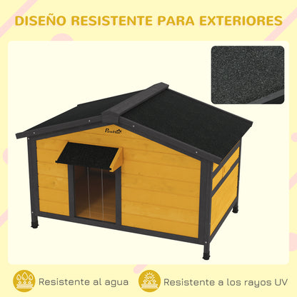 Outdoor Dog House for Small Dogs with Flip-Top Asphalt Roof, 2 Windows, Door with Curtain, and Removable Base 97x72x65 cm Natural Wood