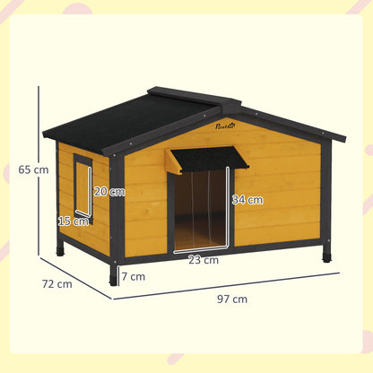 Outdoor Dog House for Small Dogs with Flip-Top Asphalt Roof, 2 Windows, Door with Curtain, and Removable Base 97x72x65 cm Natural Wood