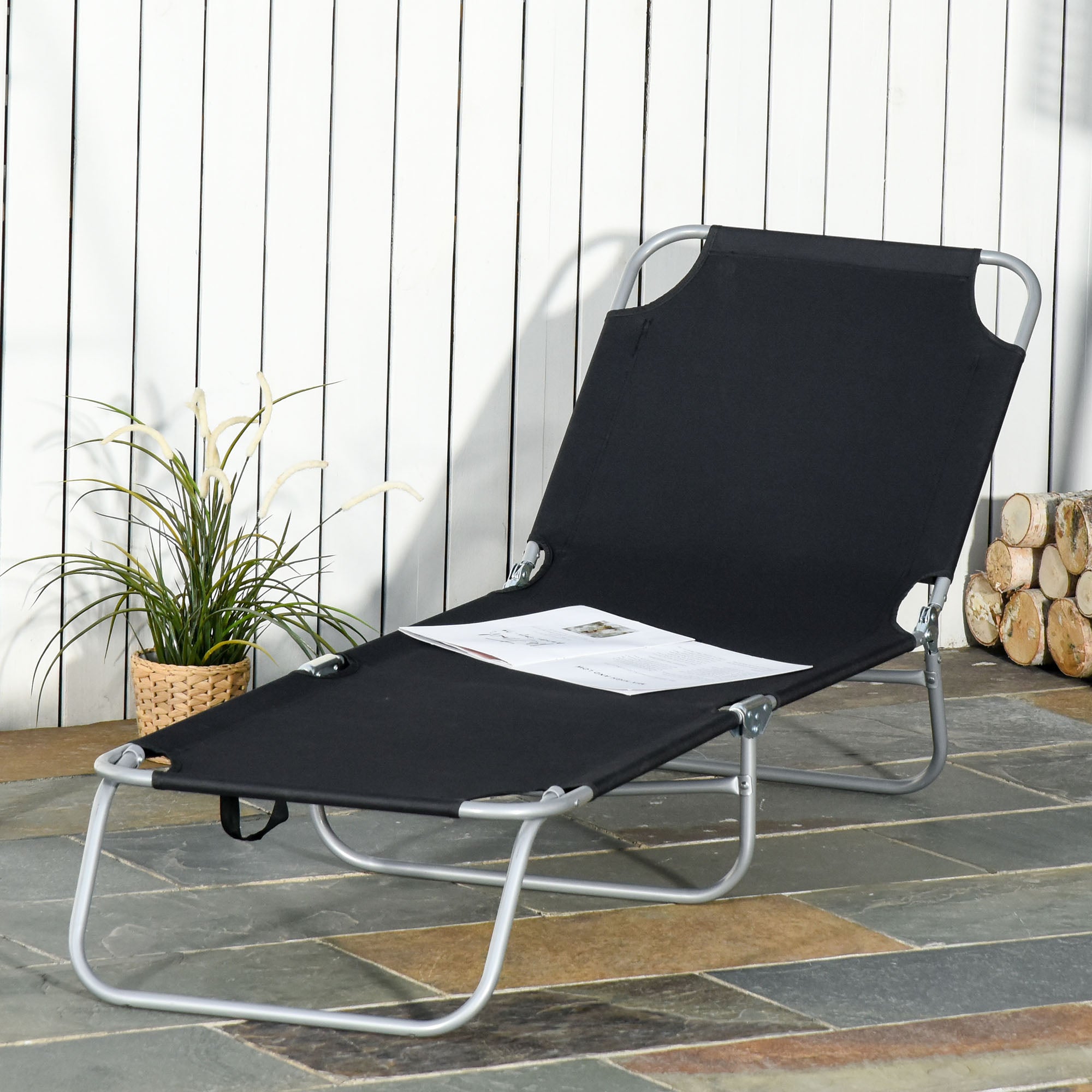 Garden Sun Lounger with 5-Position Adjustable Backrest, Foldable Metal Frame and Oxford Fabric, 187x55x24cm, Black
