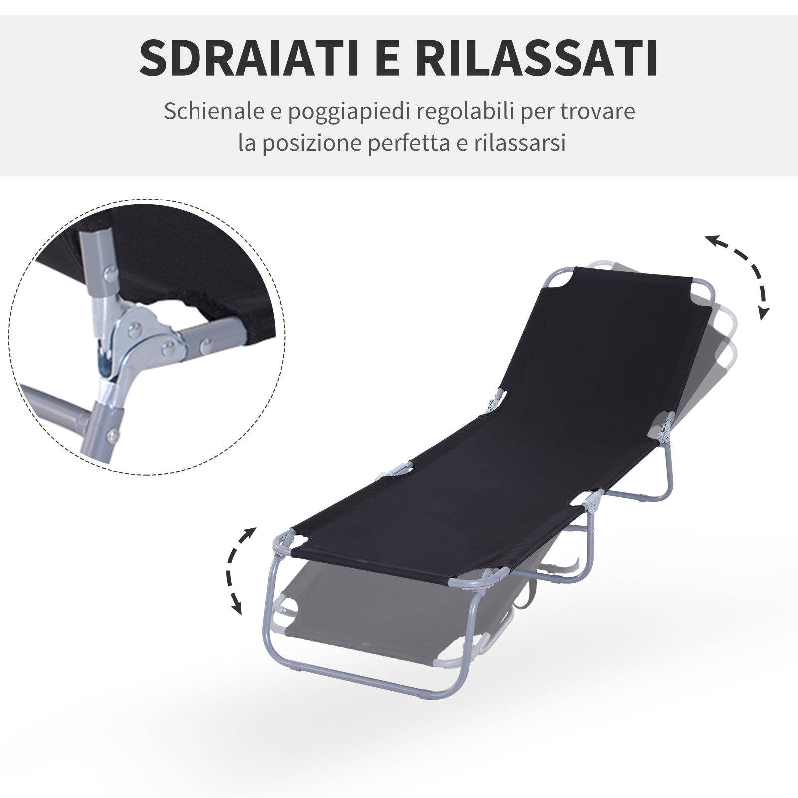 Garden Sun Lounger with 5-Position Adjustable Backrest, Foldable Metal Frame and Oxford Fabric, 187x55x24cm, Black