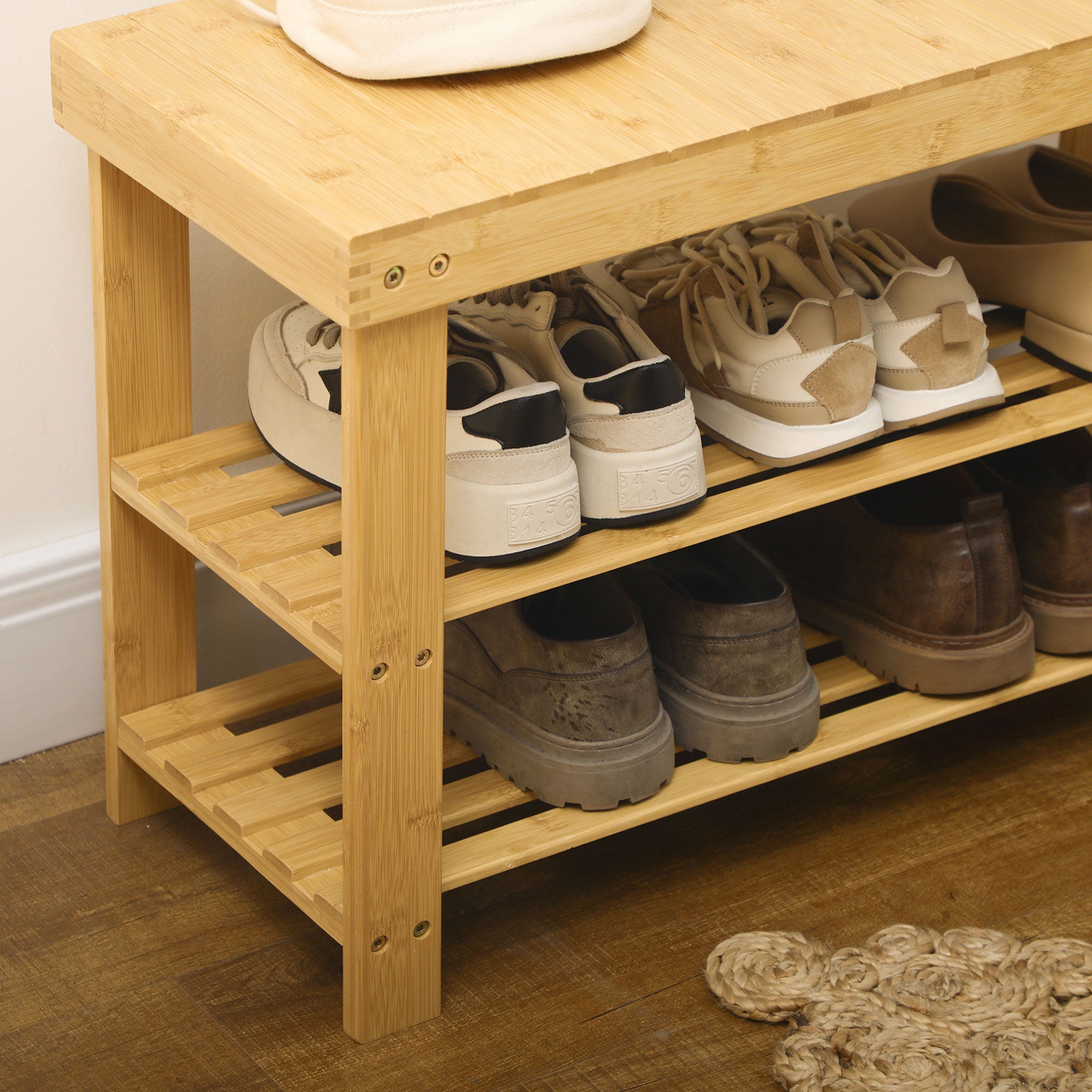 Shoe Bench with Seat, Bamboo Bench with Storage, Shoe Rack with 2 Open Shelves Hallway Bench for Living Room, Entrance, 70 x 28 x 45 cm Natural