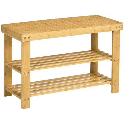 Shoe Bench with Seat, Bamboo Bench with Storage, Shoe Rack with 2 Open Shelves Hallway Bench for Living Room, Entrance, 70 x 28 x 45 cm Natural