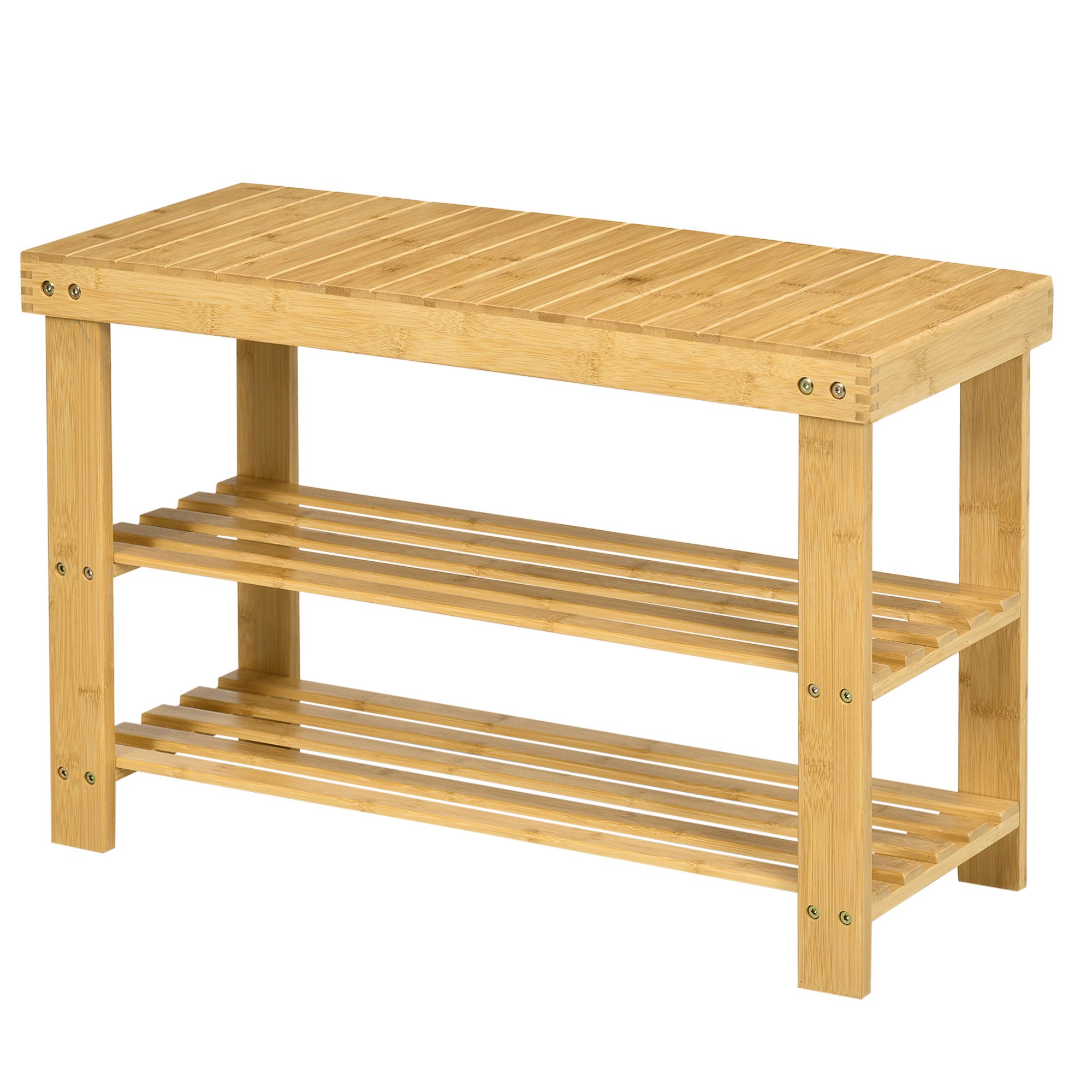 Shoe Bench with Seat, Bamboo Bench with Storage, Shoe Rack with 2 Open Shelves Hallway Bench for Living Room, Entrance, 70 x 28 x 45 cm Natural