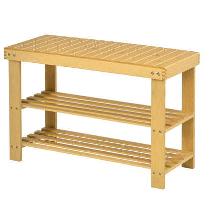 Shoe Bench with Seat, Bamboo Bench with Storage, Shoe Rack with 2 Open Shelves Hallway Bench for Living Room, Entrance, 70 x 28 x 45 cm Natural