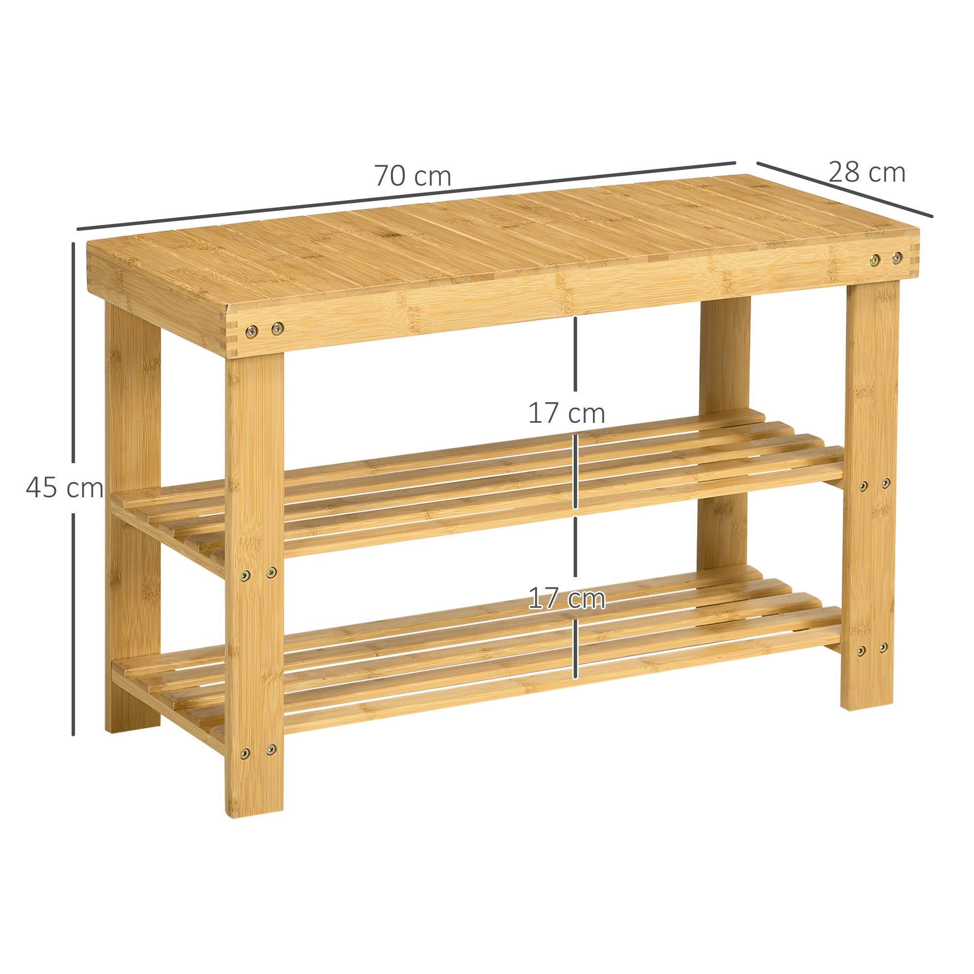 Shoe Bench with Seat, Bamboo Bench with Storage, Shoe Rack with 2 Open Shelves Hallway Bench for Living Room, Entrance, 70 x 28 x 45 cm Natural