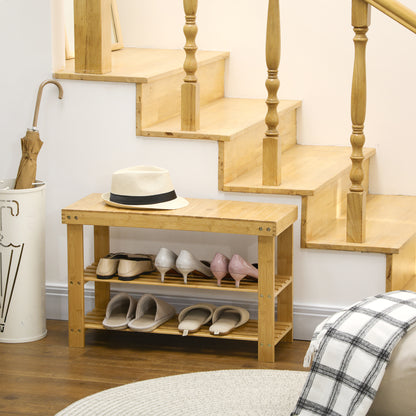Shoe Bench with Seat, Bamboo Bench with Storage, Shoe Rack with 2 Open Shelves Hallway Bench for Living Room, Entrance, 70 x 28 x 45 cm Natural