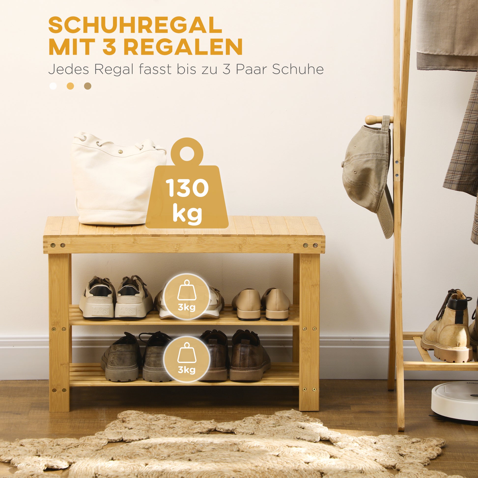 Shoe Bench with Seat, Bamboo Bench with Storage, Shoe Rack with 2 Open Shelves Hallway Bench for Living Room, Entrance, 70 x 28 x 45 cm Natural