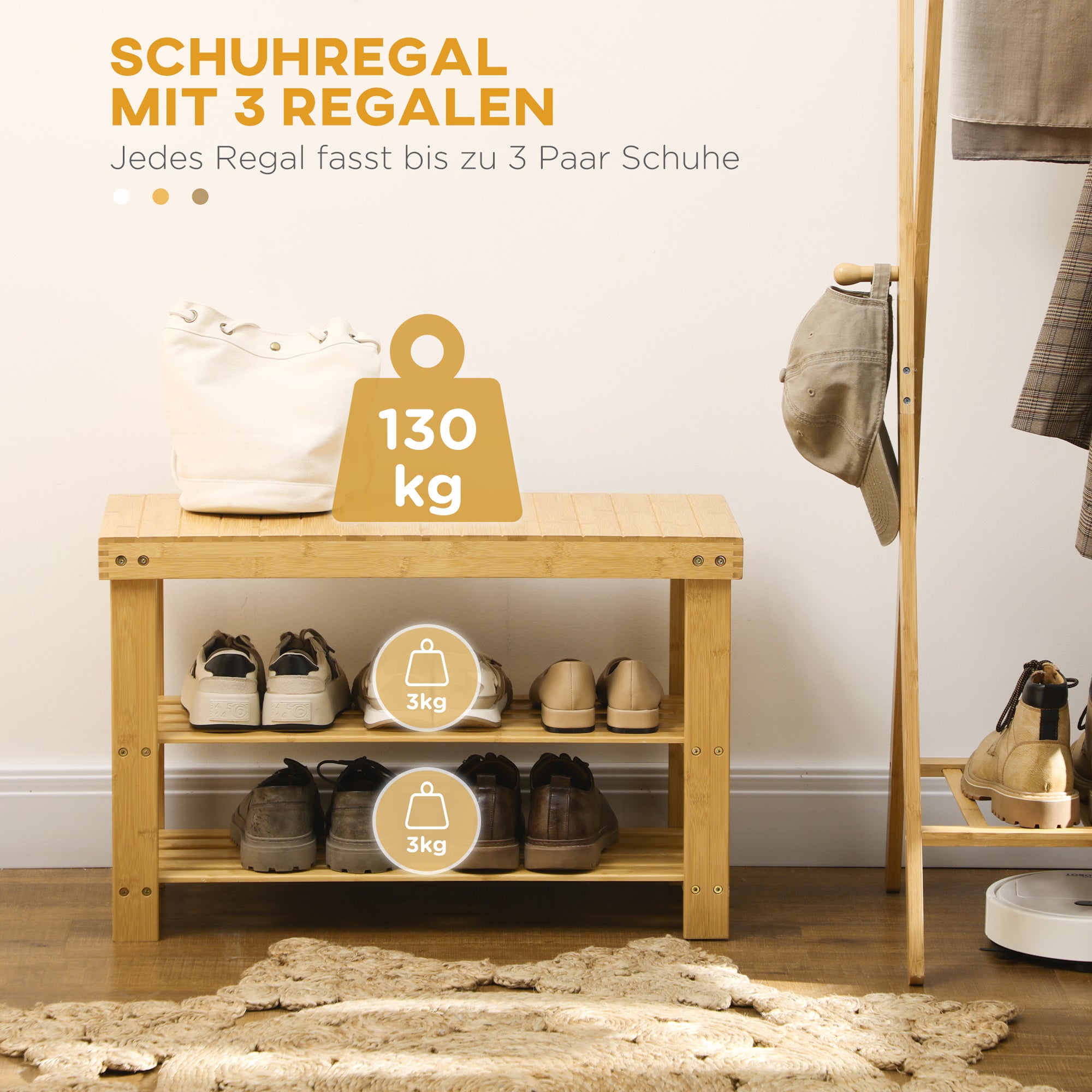 Shoe Bench with Seat, Bamboo Bench with Storage, Shoe Rack with 2 Open Shelves Hallway Bench for Living Room, Entrance, 70 x 28 x 45 cm Natural