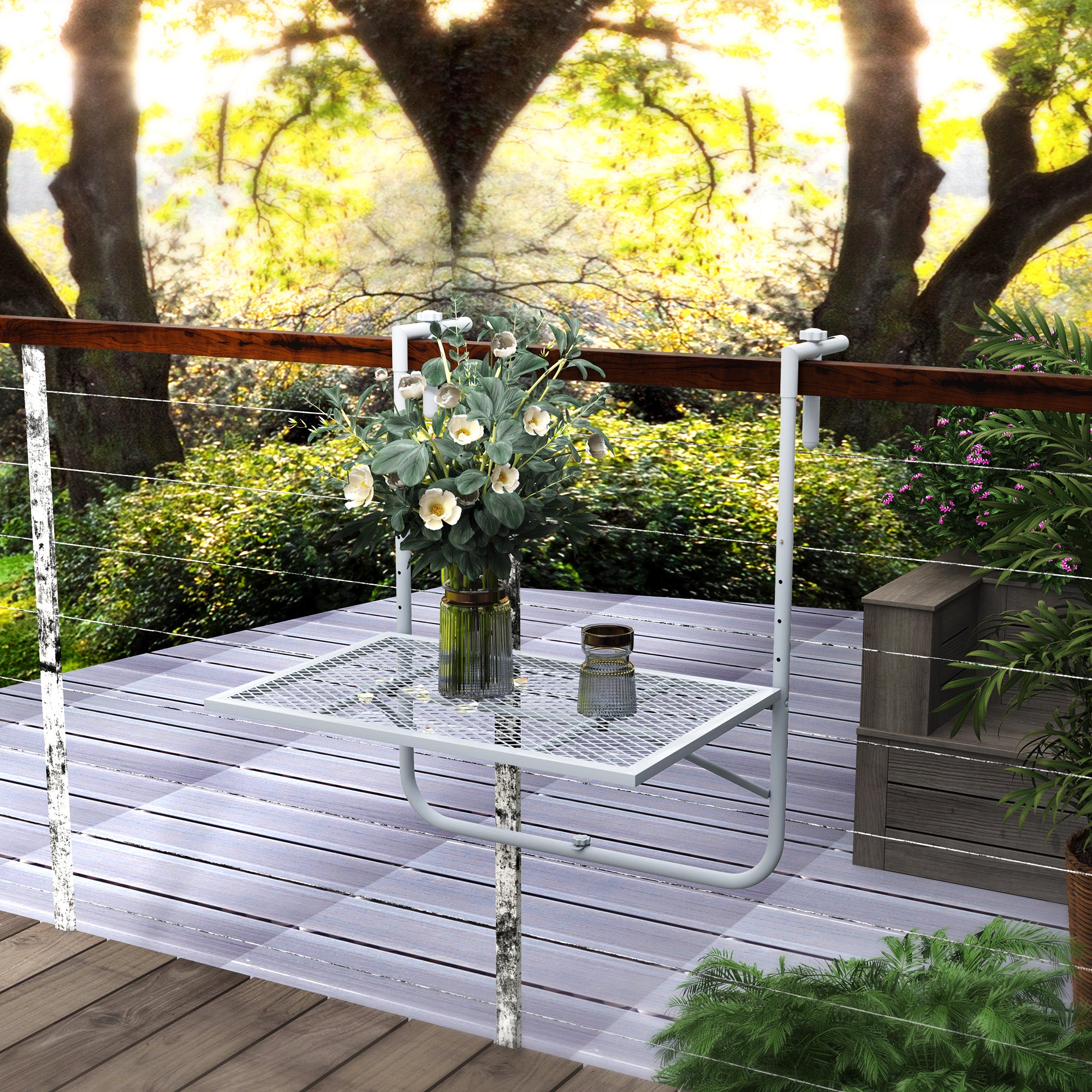 Foldable Hanging Balcony Table – 4-Position Height-Adjustable Metal Clamp-On Railing Table, Weather-Resistant, 23.6 x 15.7 in (60 x 40 cm), Gray